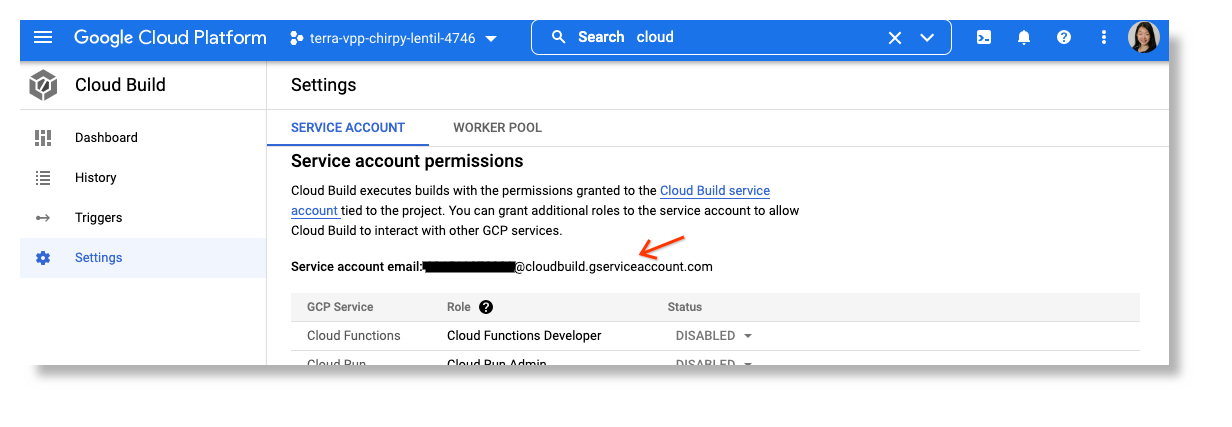 Screenshot of Google Cloud Build Settings page, highlighting service account email.