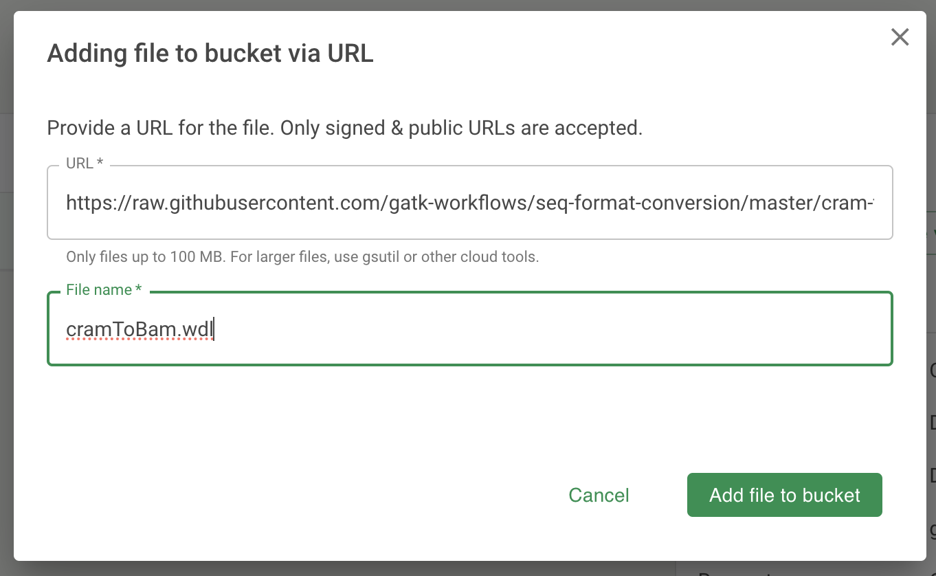 Screenshot of the 'Adding file to bucket via URL' dialog.