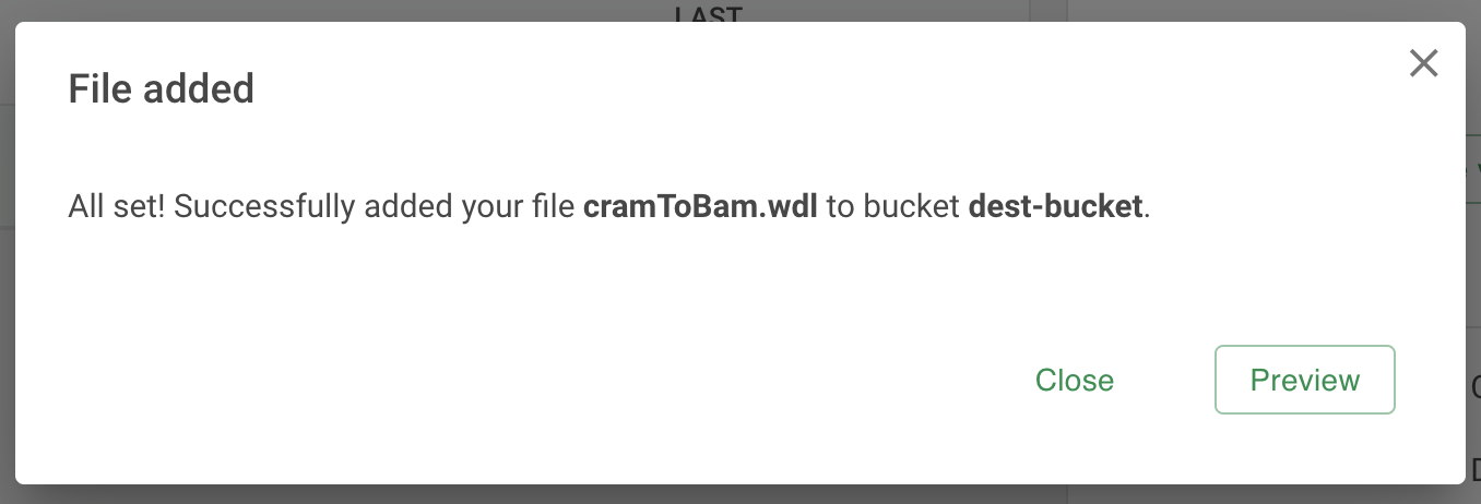 Screenshot of the 'File added' confirmation dialog that appears after a file has successfully been added to a bucket.