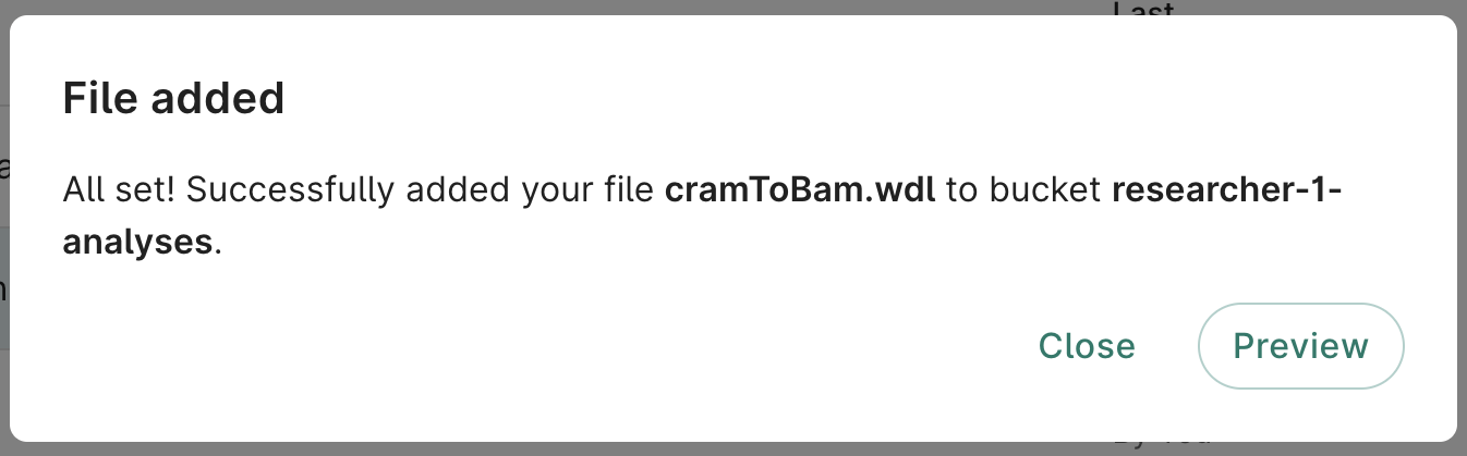 Screenshot of the 'File added' confirmation dialog that appears after a file has successfully been added to a bucket.