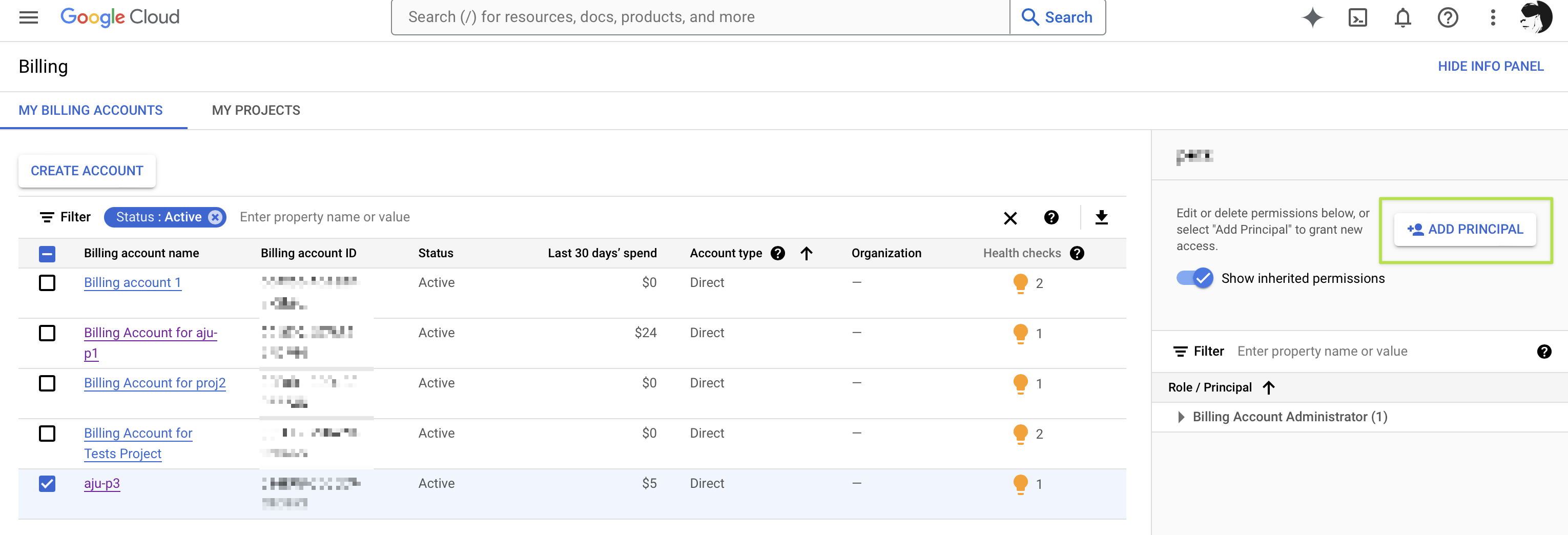 Screenshot of billing accounts management page in Google Cloud console with info panel opened, highlighting 'Add principal' button.