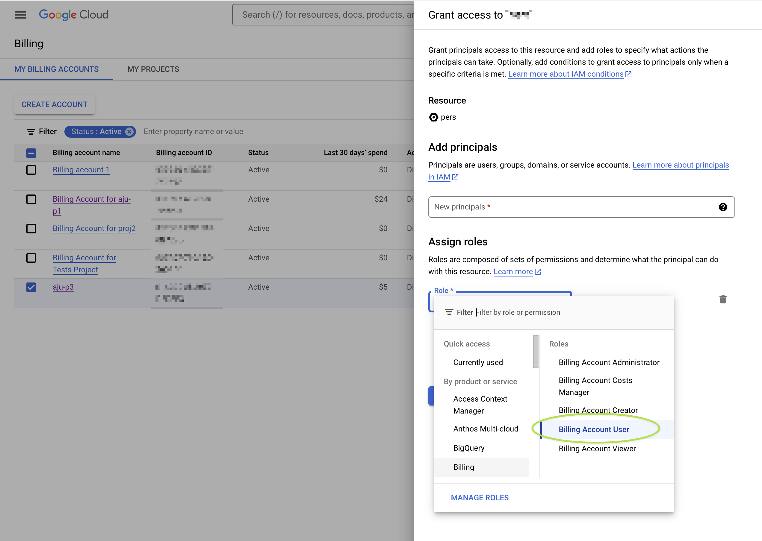 Screenshot of billing accounts management page in Google Cloud console with 'Grant access' dialog opened, highlighting 'Billing account user' option.