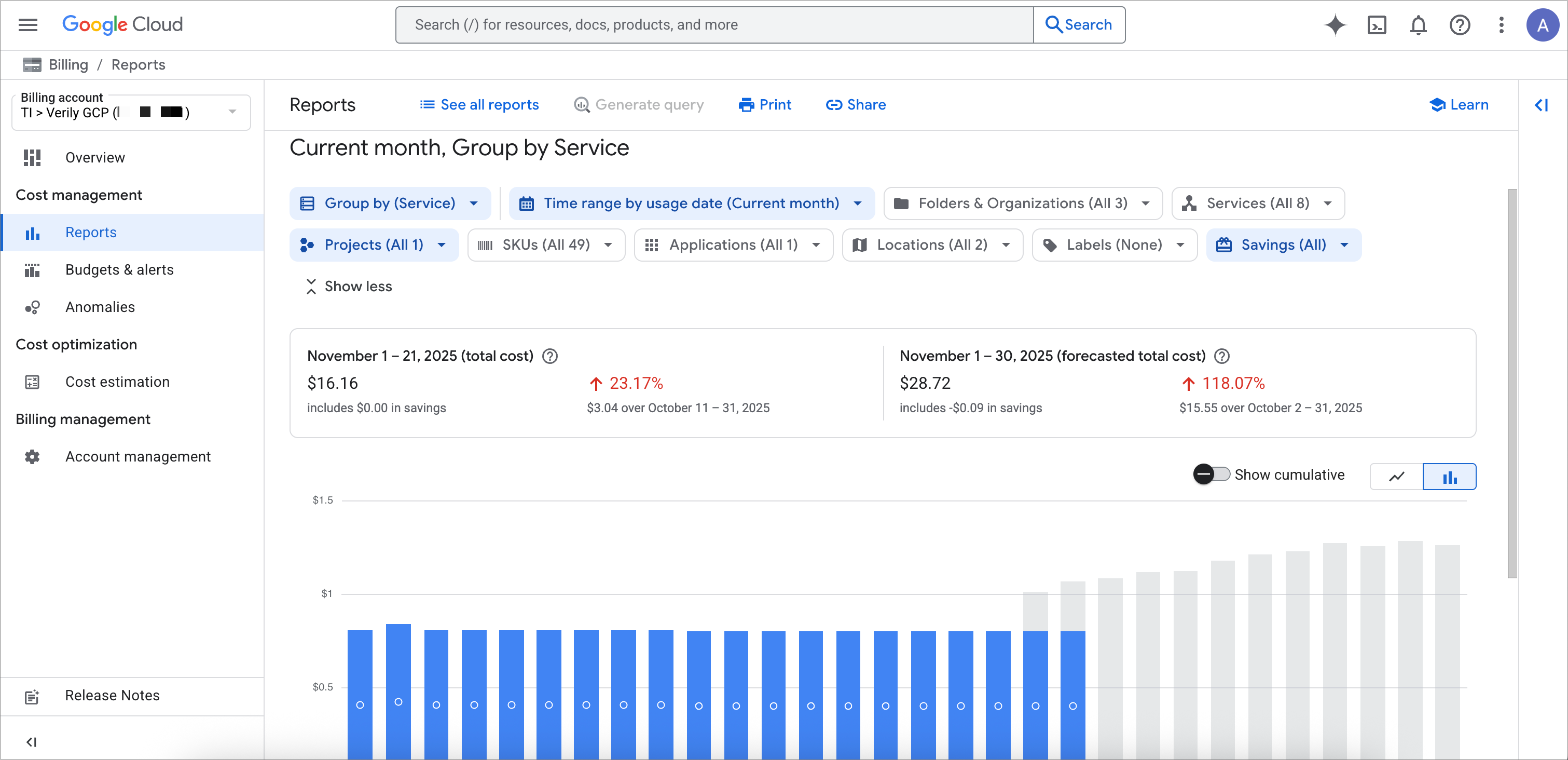 The billing reports page for a selected GCP project.