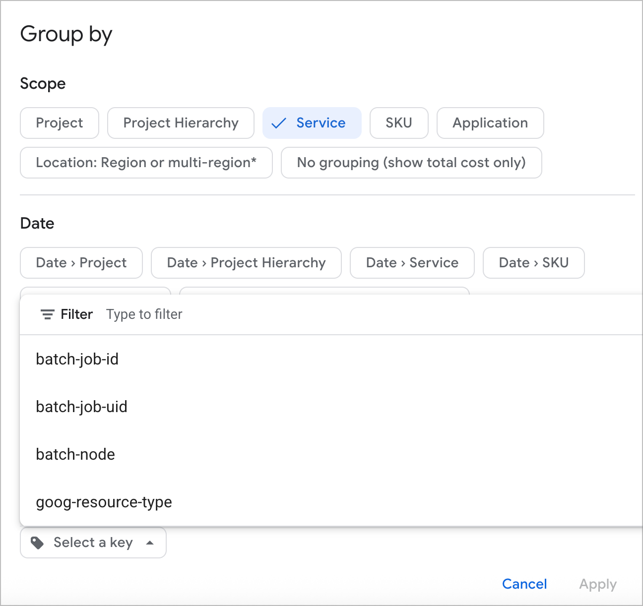 The Group by dialog showing Scope, Date, and Key options.