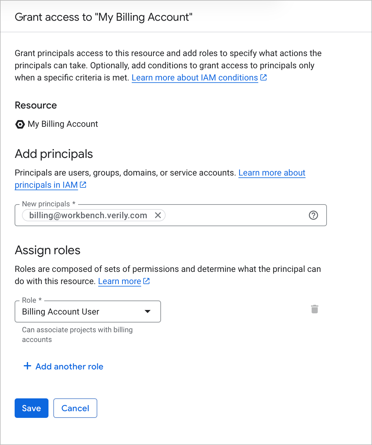 Screenshot of the Grant access dialog with
  Workbench added as a new principal and 'Save' button highlighted.