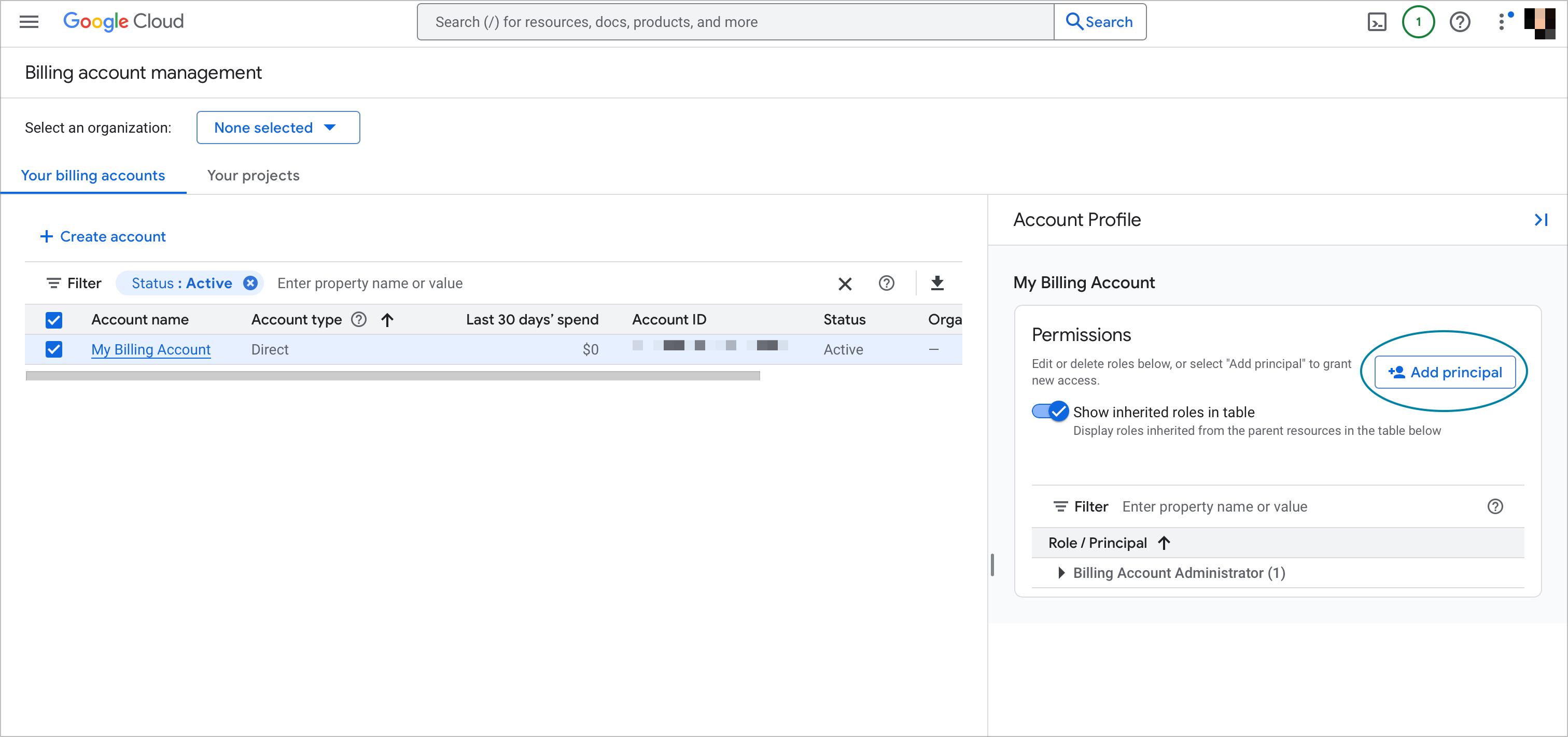 Screenshot of billing accounts management page
  in Google Cloud console, highlighting Add principal button.