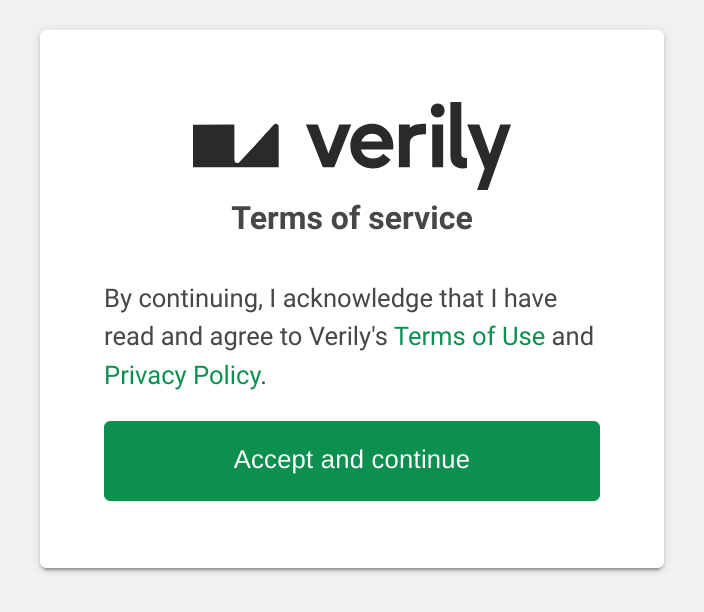 Screenshot showing Verily Terms of Service acknowledgment dialog.