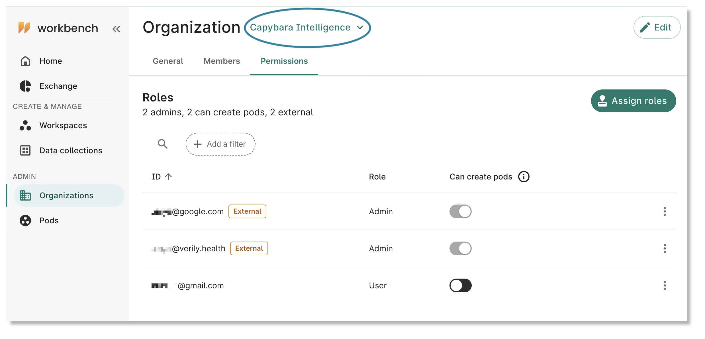The Organization page highlighting the pulldown menu next to the organization name