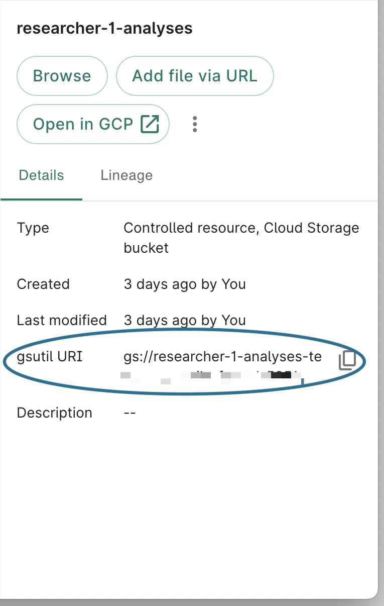 Screenshot of a Cloud Storage bucket's details, with its gsutil URI highlighted.