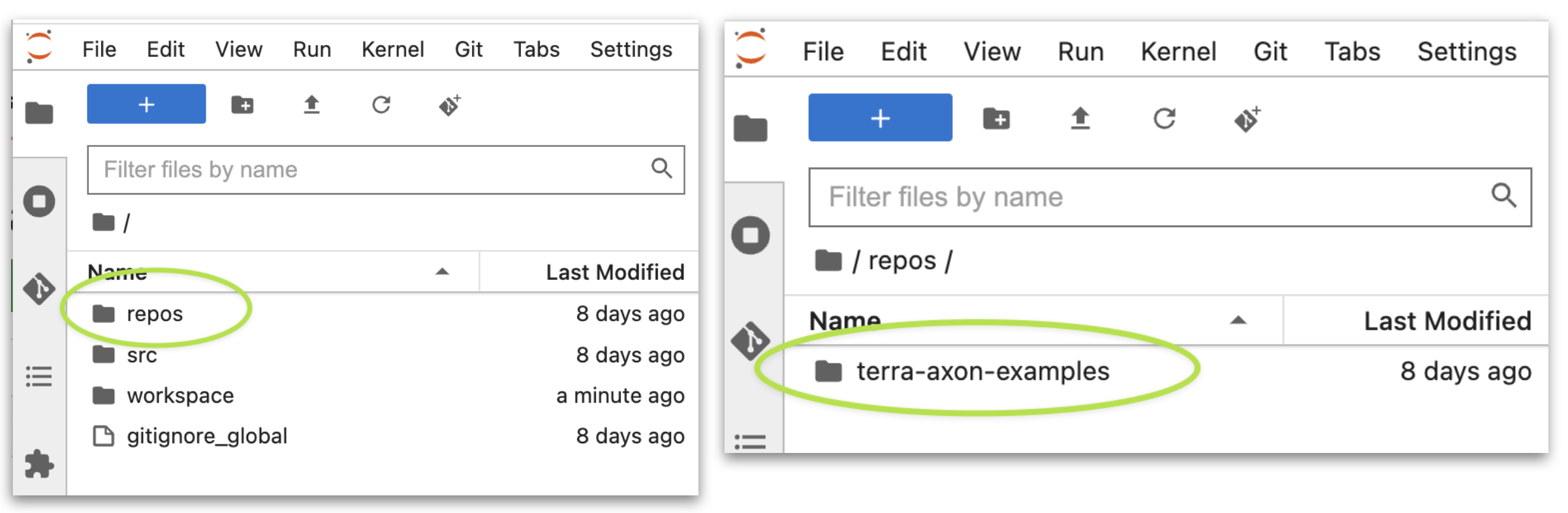 Screenshot of file list in JupyterLab server's file system, highlighting the 'repos' directory and 'workbench-examples' subdirectory.