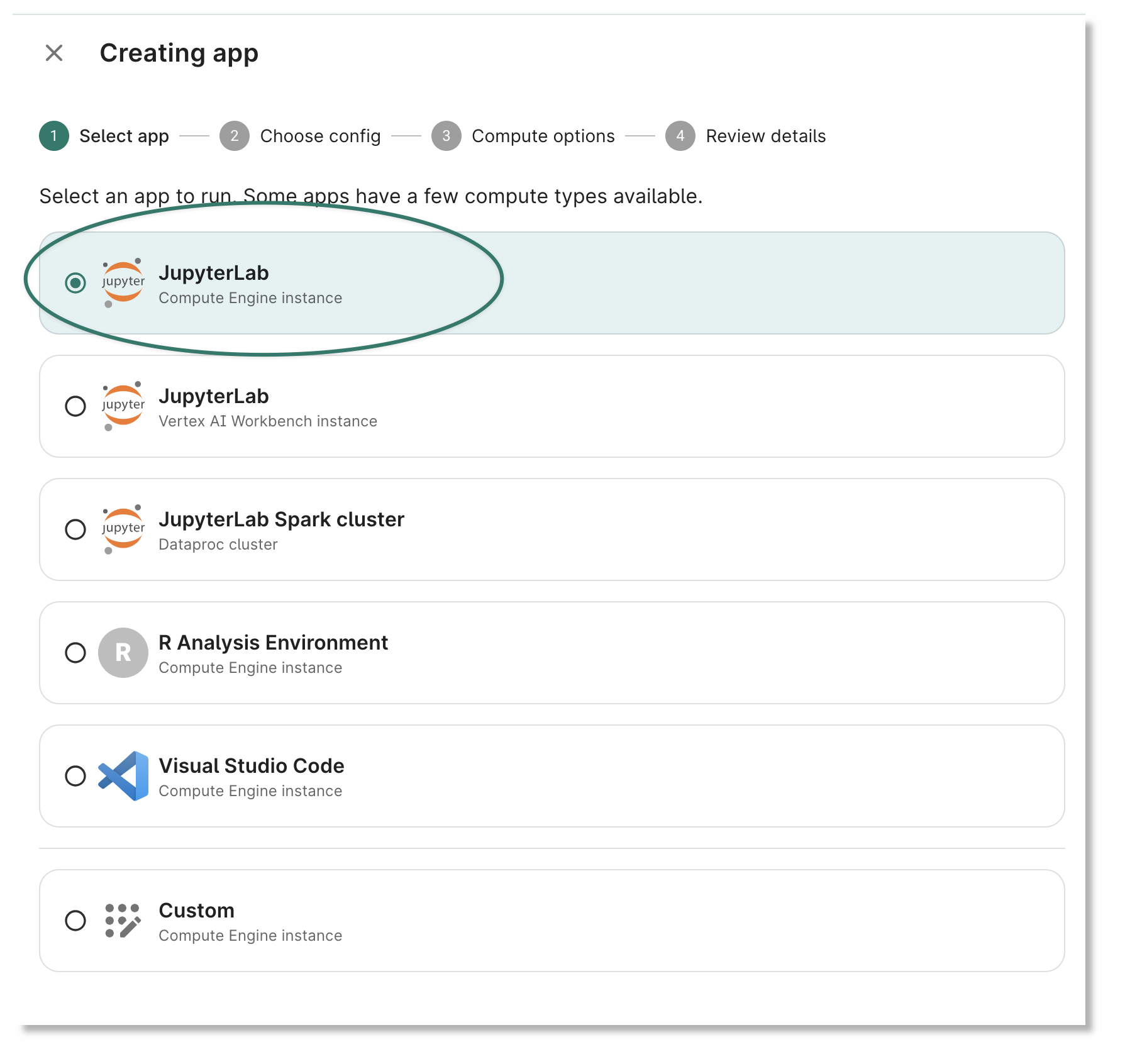 Select the JupyterLab Compute Engine instance app