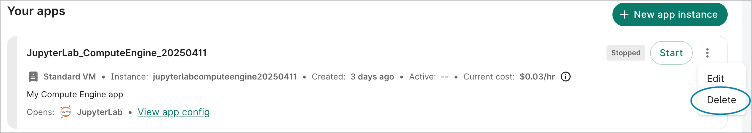 Screenshot of an app's details card, with the Delete option highlighted.