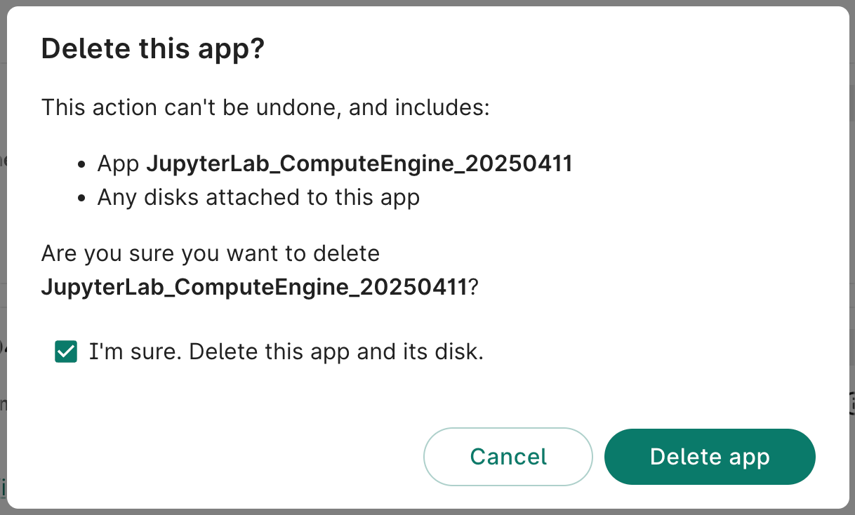 Screenshot of Delete app dialog.