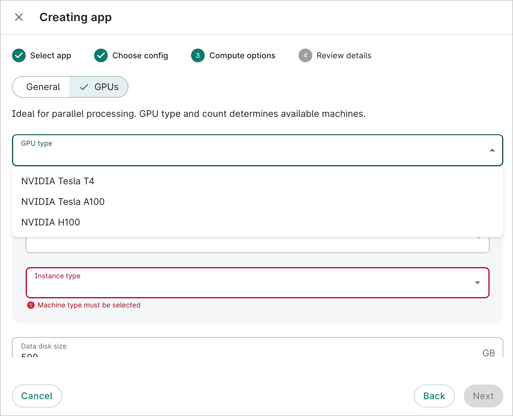 App configuration form showing GPU type dropdown.