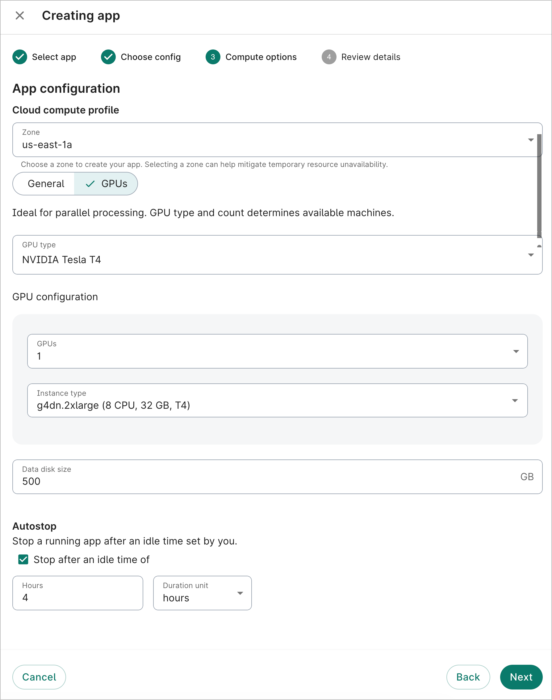 Compute options
  dialog showing app image options, data disk size, and autostop.