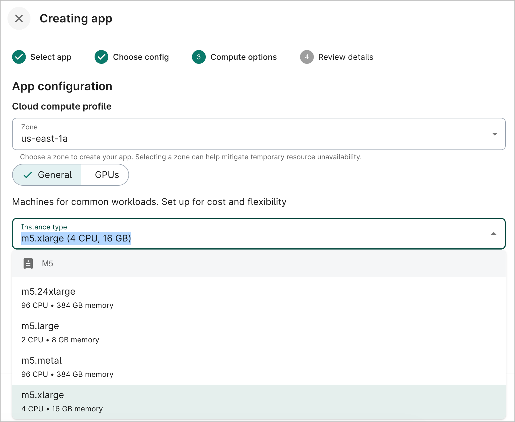 App configuration form showing the instance type dropdown.