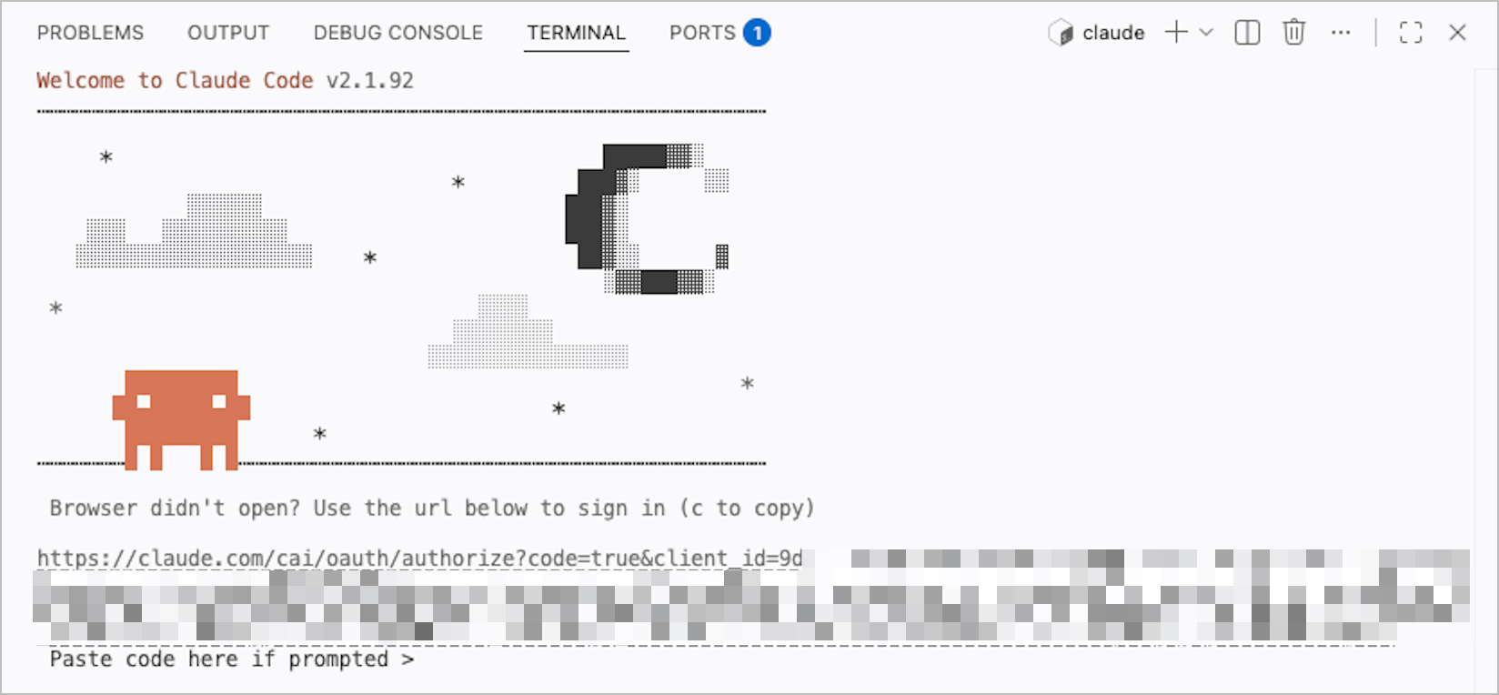 Terminal window showing a Claude OAuth URL for Claude Code authentication.