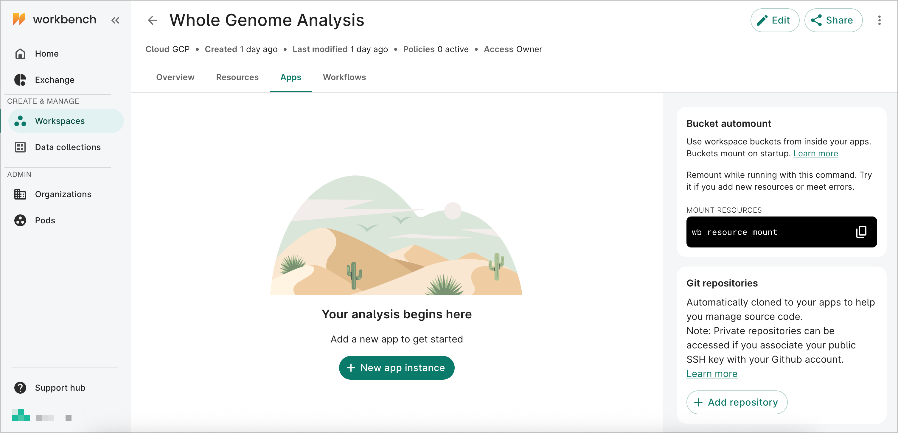 A workspace's Apps page with no apps
created yet.