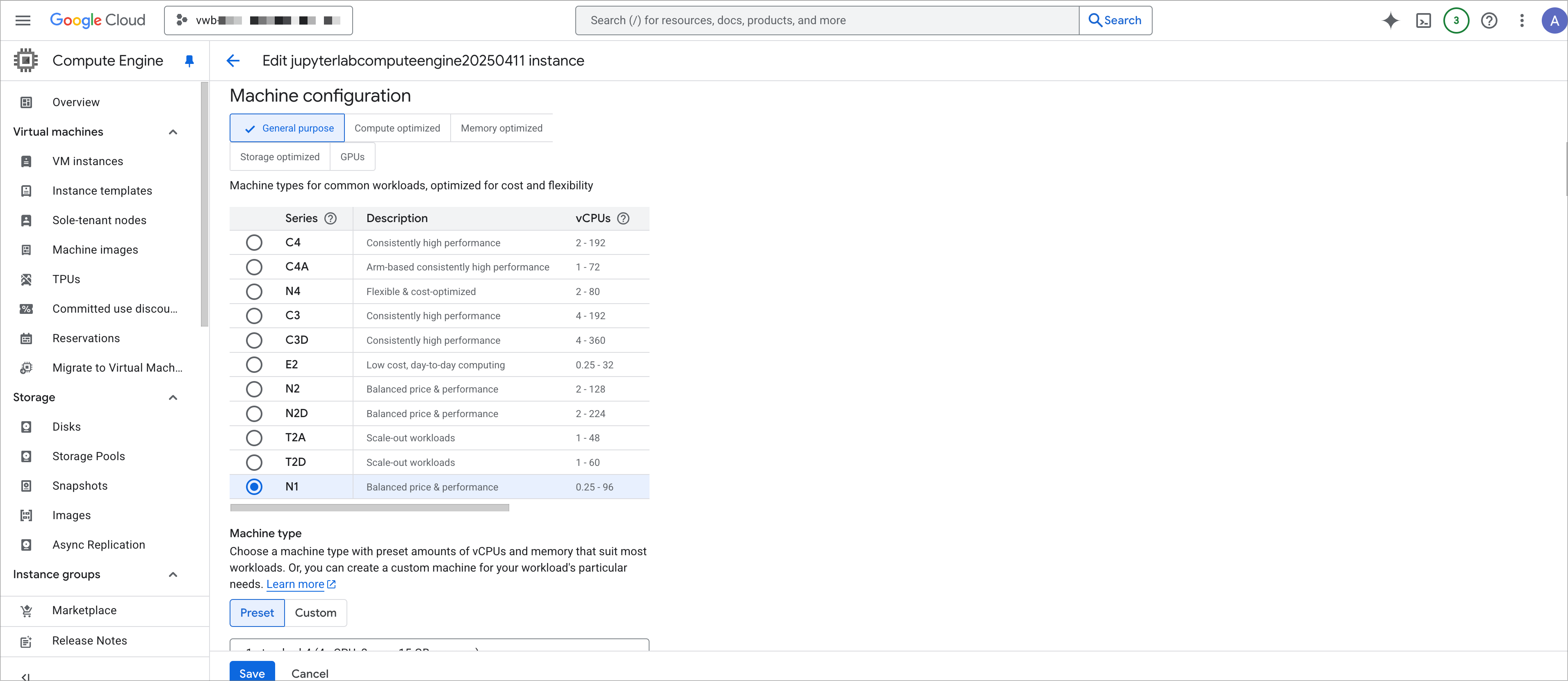 Screenshot of the Edit instance page in Google Cloud console.