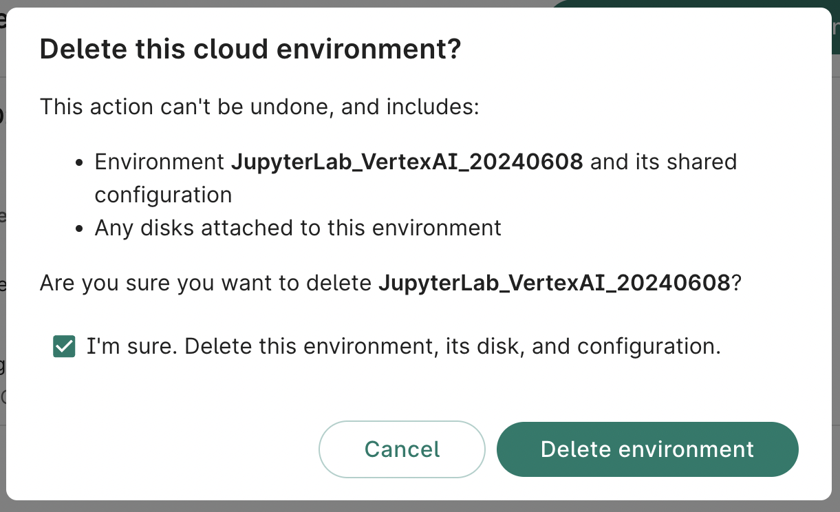 Screenshot of Delete cloud environment dialog.