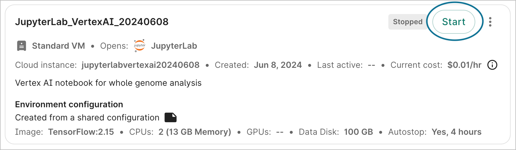 Screenshot of a cloud environment's details card, with the Start button highlighted.