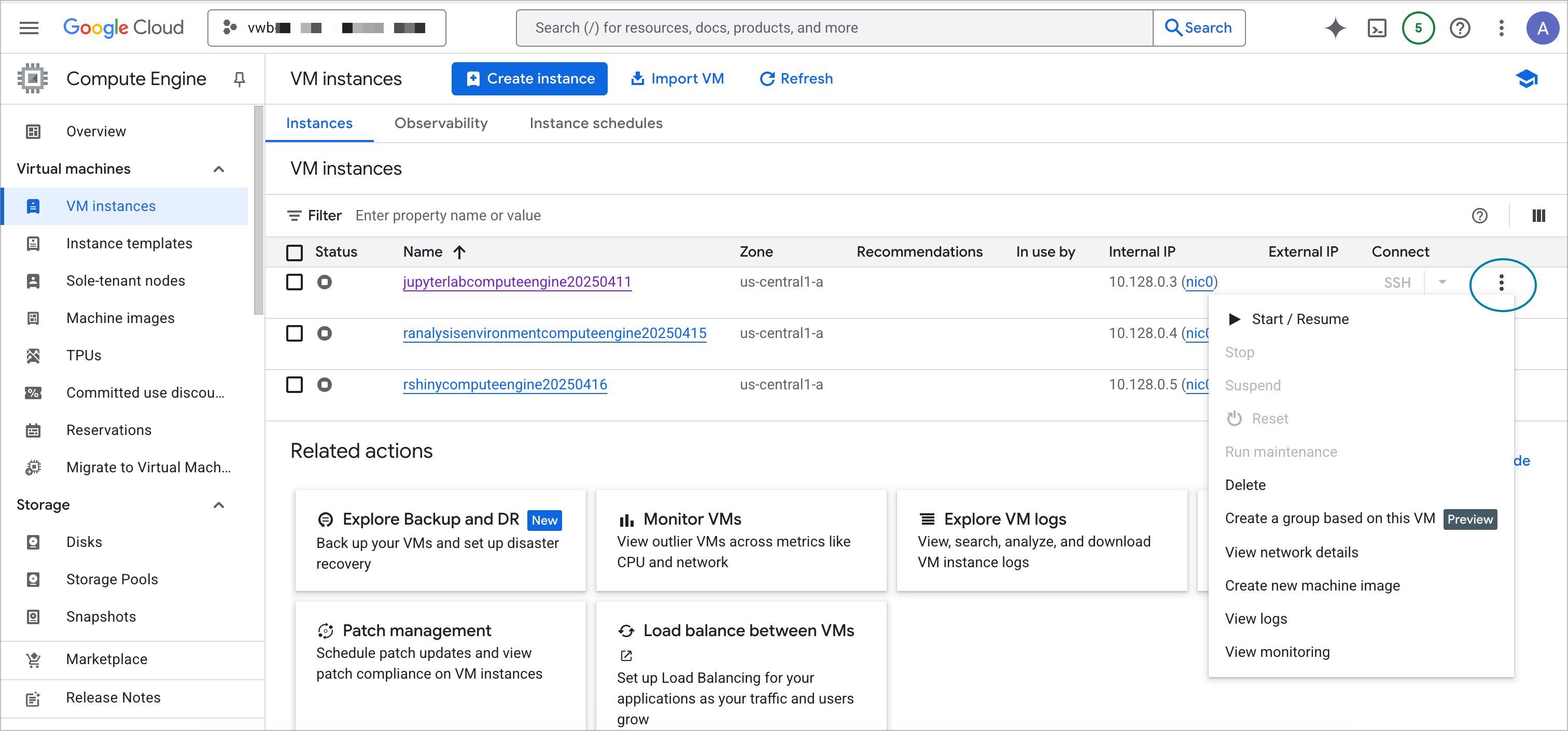 Google Cloud console highlighting the More actions menu for a VM instance..