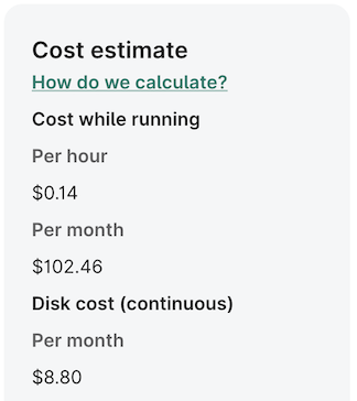 Screenshot of cost estimate for a cloud environment in the us-central1 region.