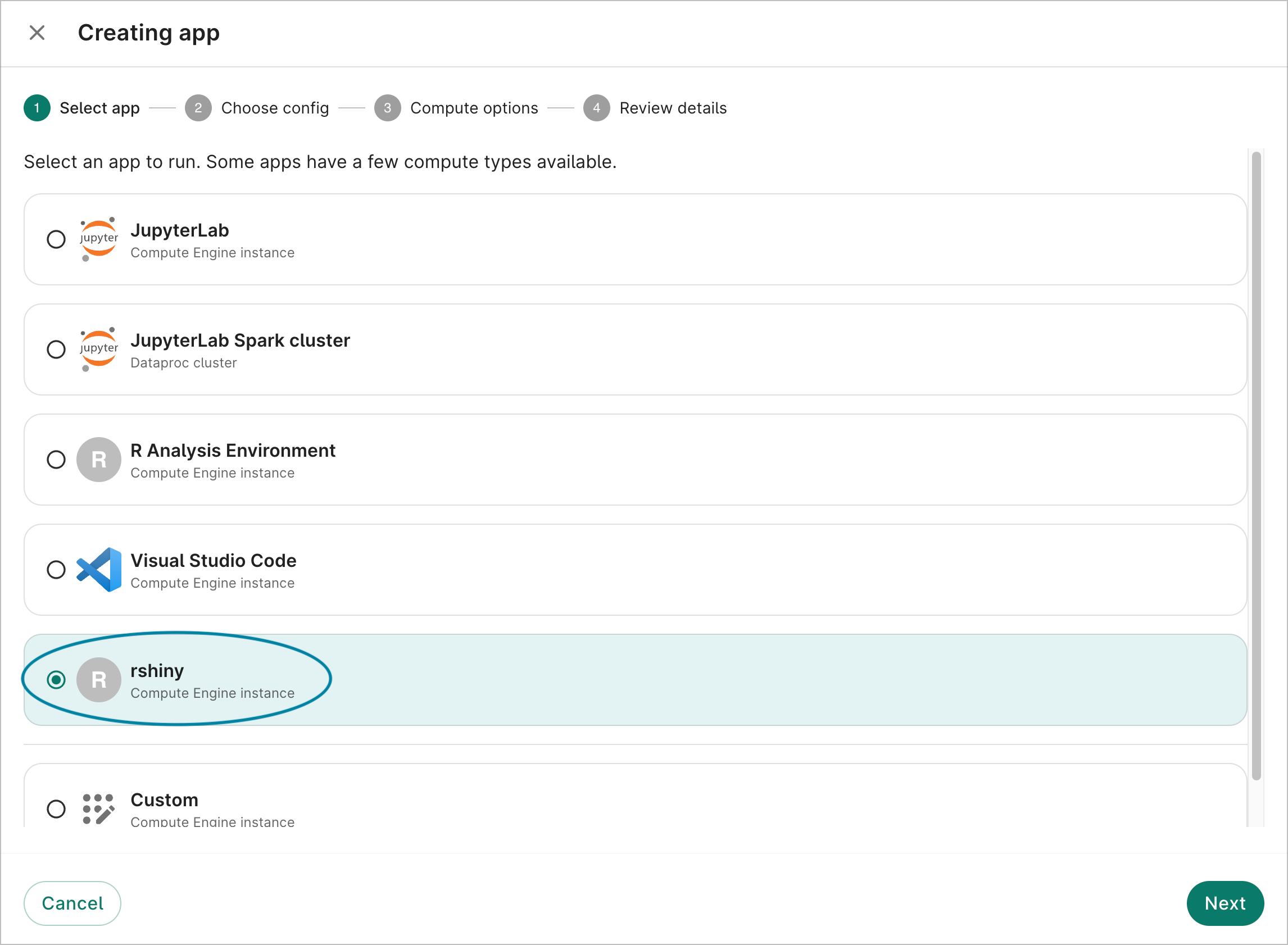 Screenshot of Select app dialog highlighting the custom rshiny app.