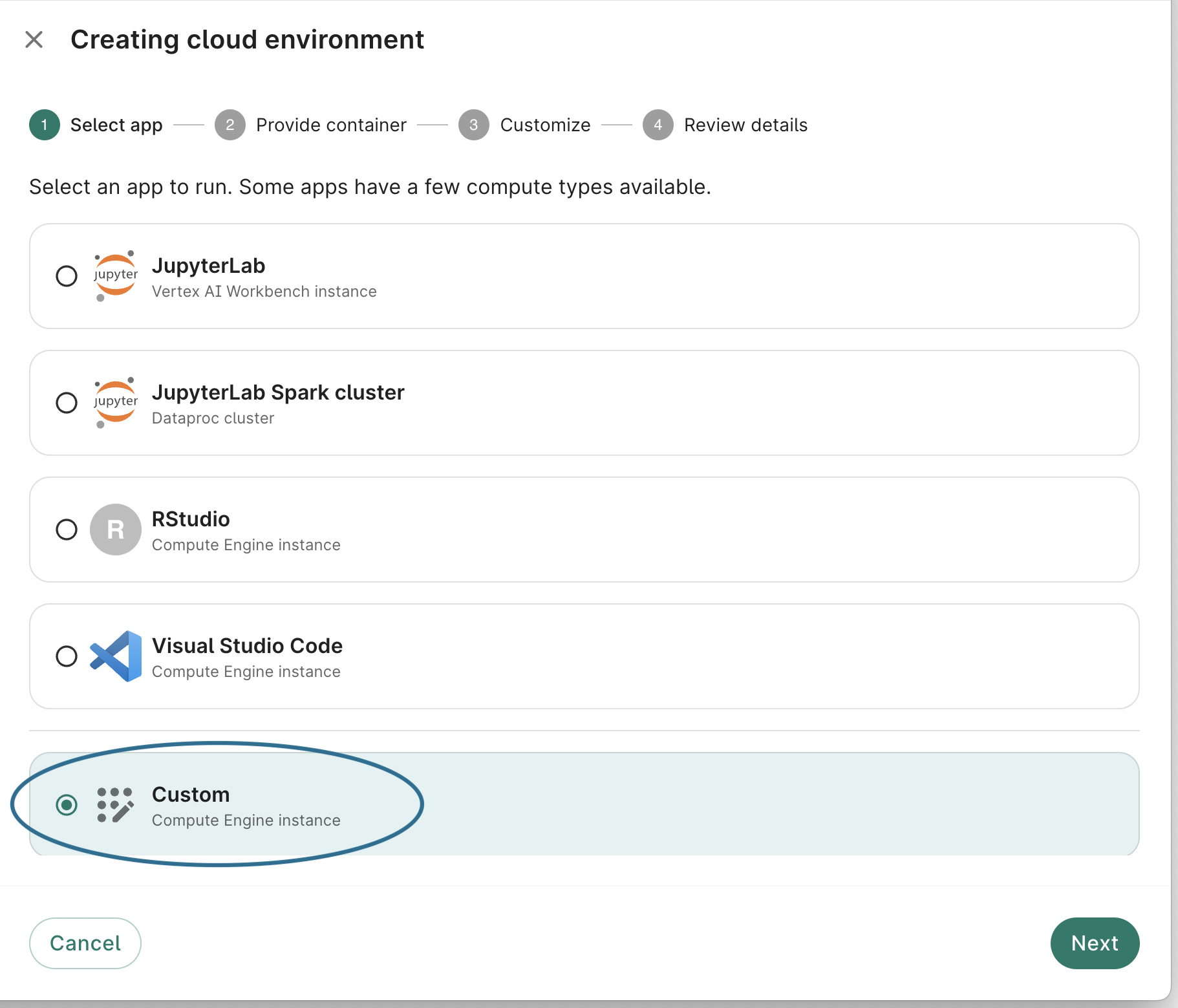 Screenshot of Select app dialog, the first step when creating a new cloud environment, with Custom option highlighted.