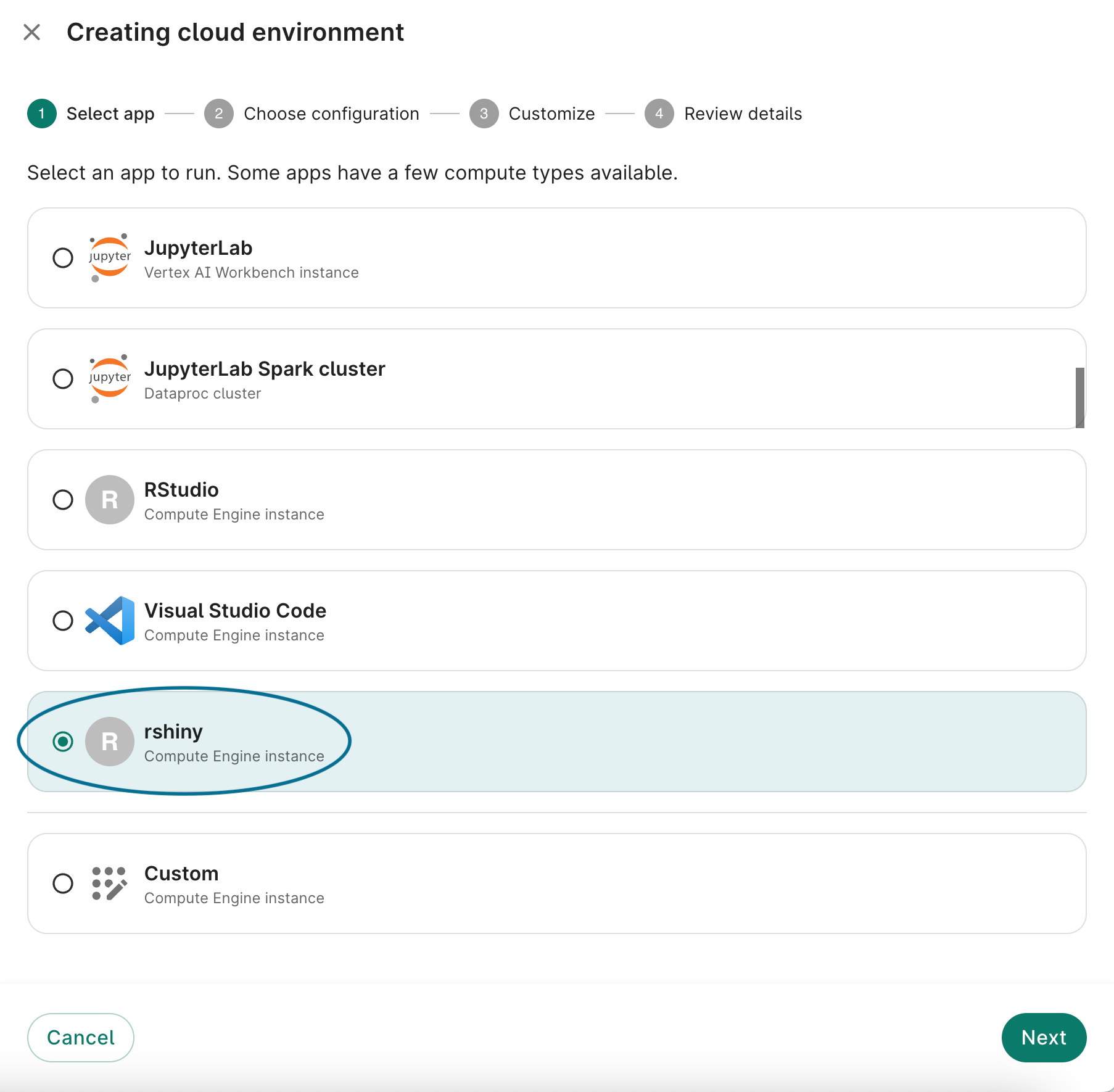 Screenshot of Select app dialog highlighting the custom rshiny environment.