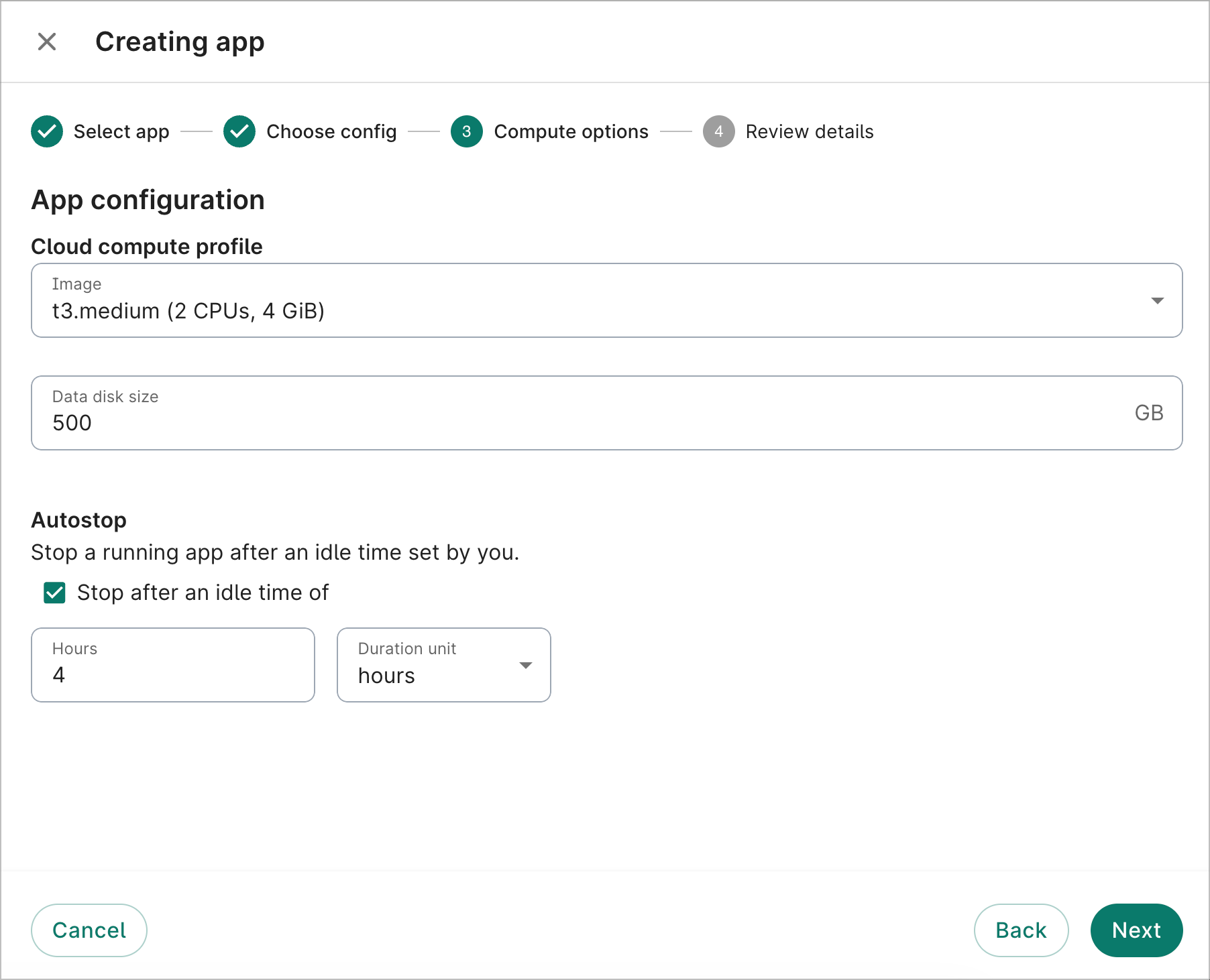 Compute options
  dialog showing app image options, data disk size, and autostop.