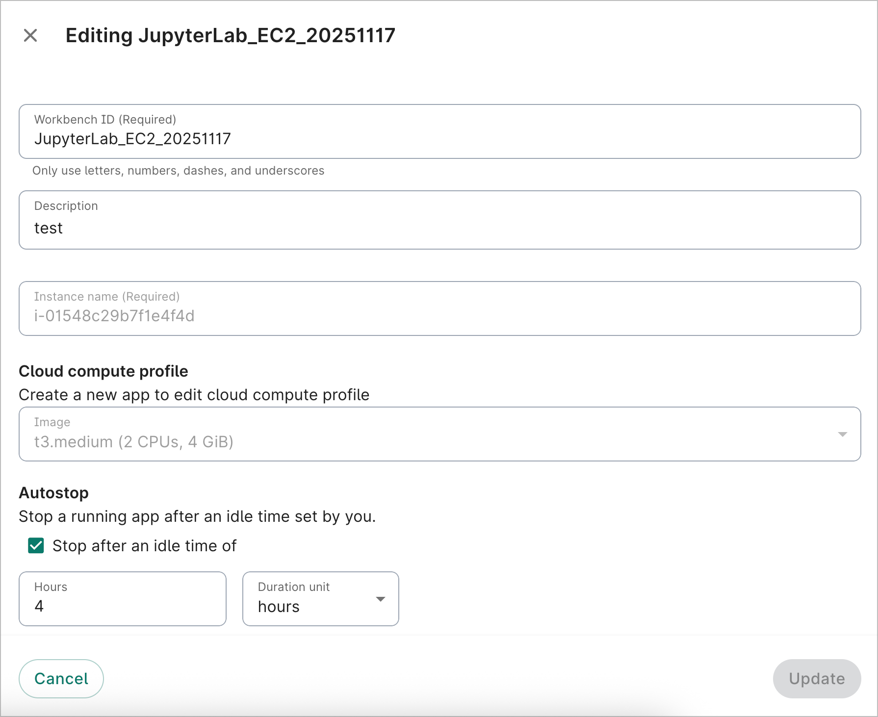 The app editing dialog showing the
  compute fields that can be updated.