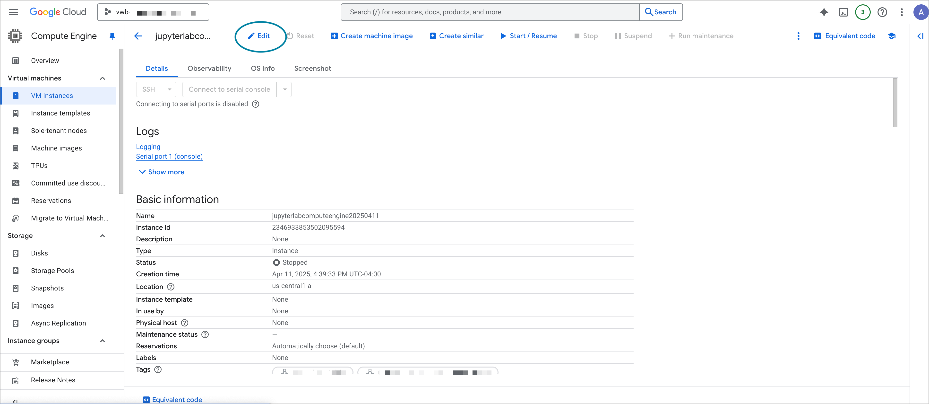 Screenshot of Google Cloud console showing details of a Compute Engine instance, with Edit button highlighted.