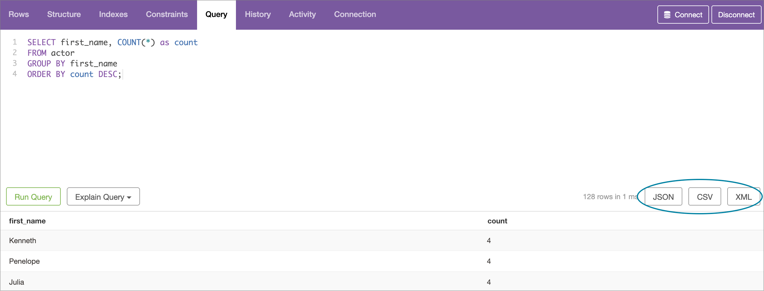 pgweb application highlighting the JSON, CSV, and XML buttons.