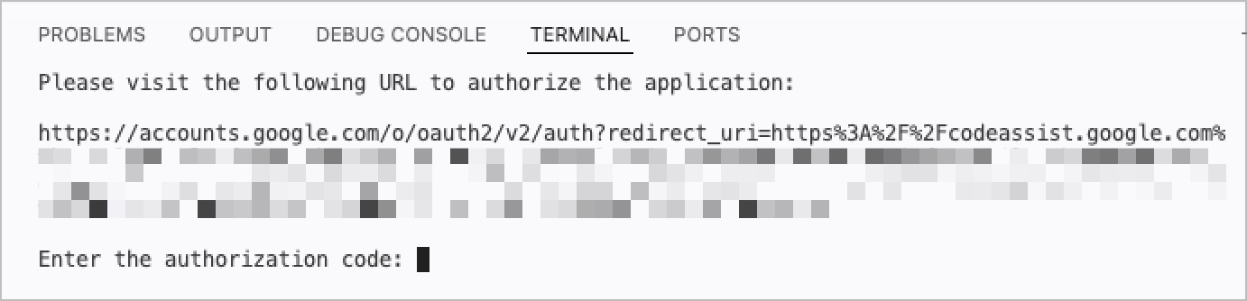 Terminal window showing a Google OAuth URL for Gemini CLI authentication.
