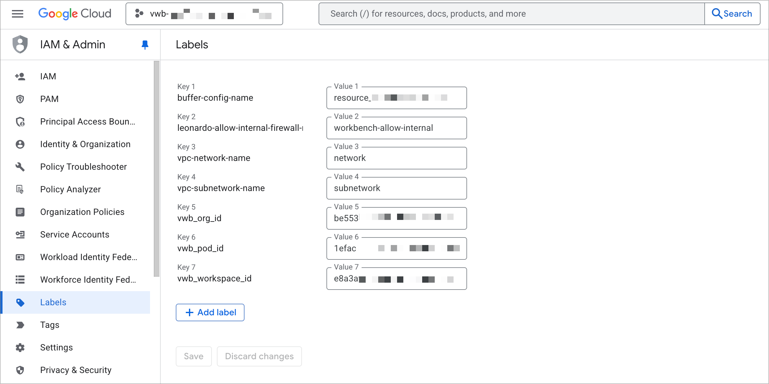 Labels page showing a Google project's labels.