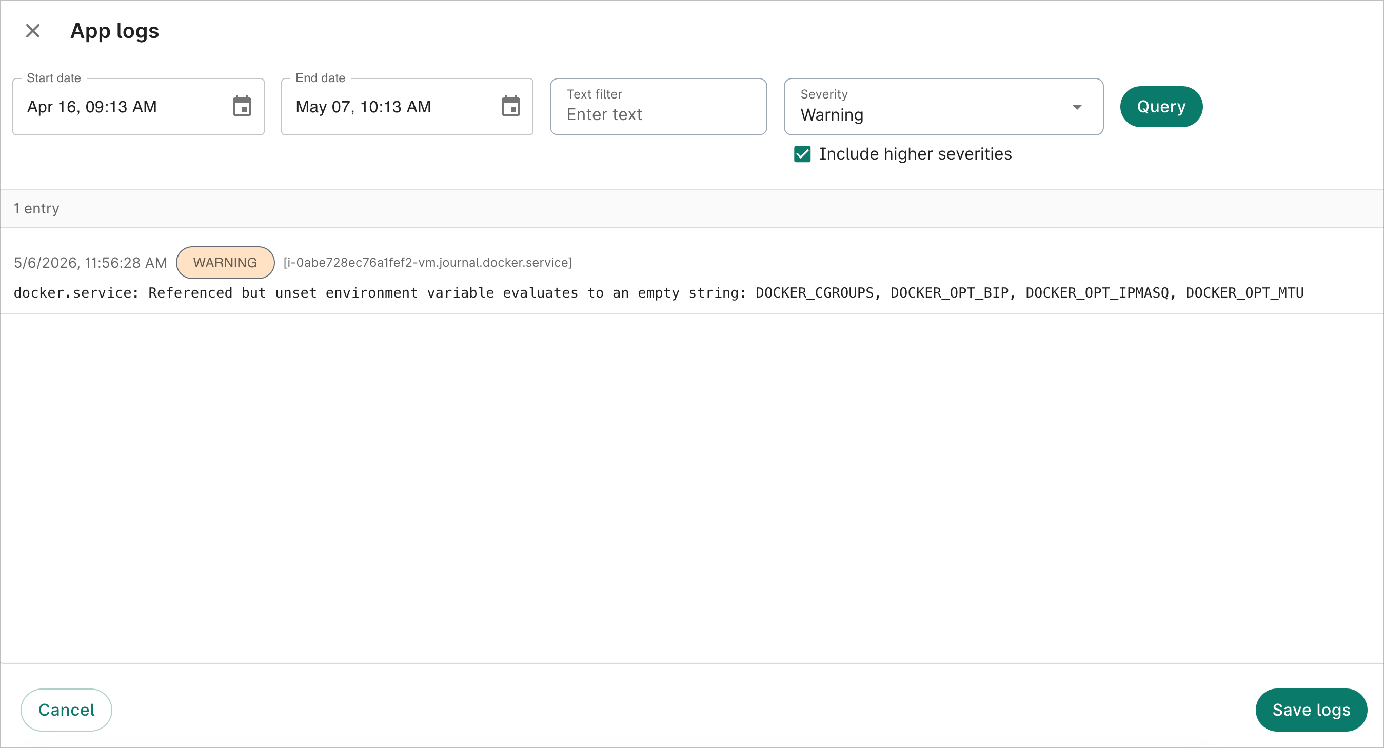 App logs dialog showing logs based off of selected time and severity filters.