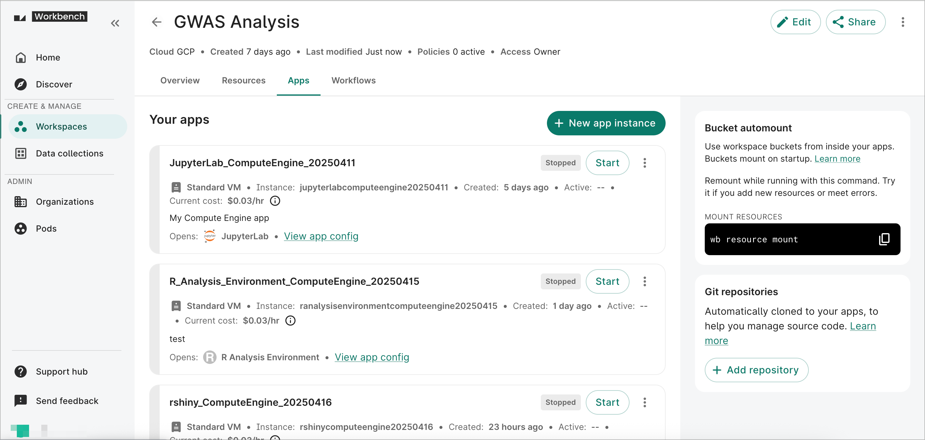 Screenshot of the Apps page for a workspace.