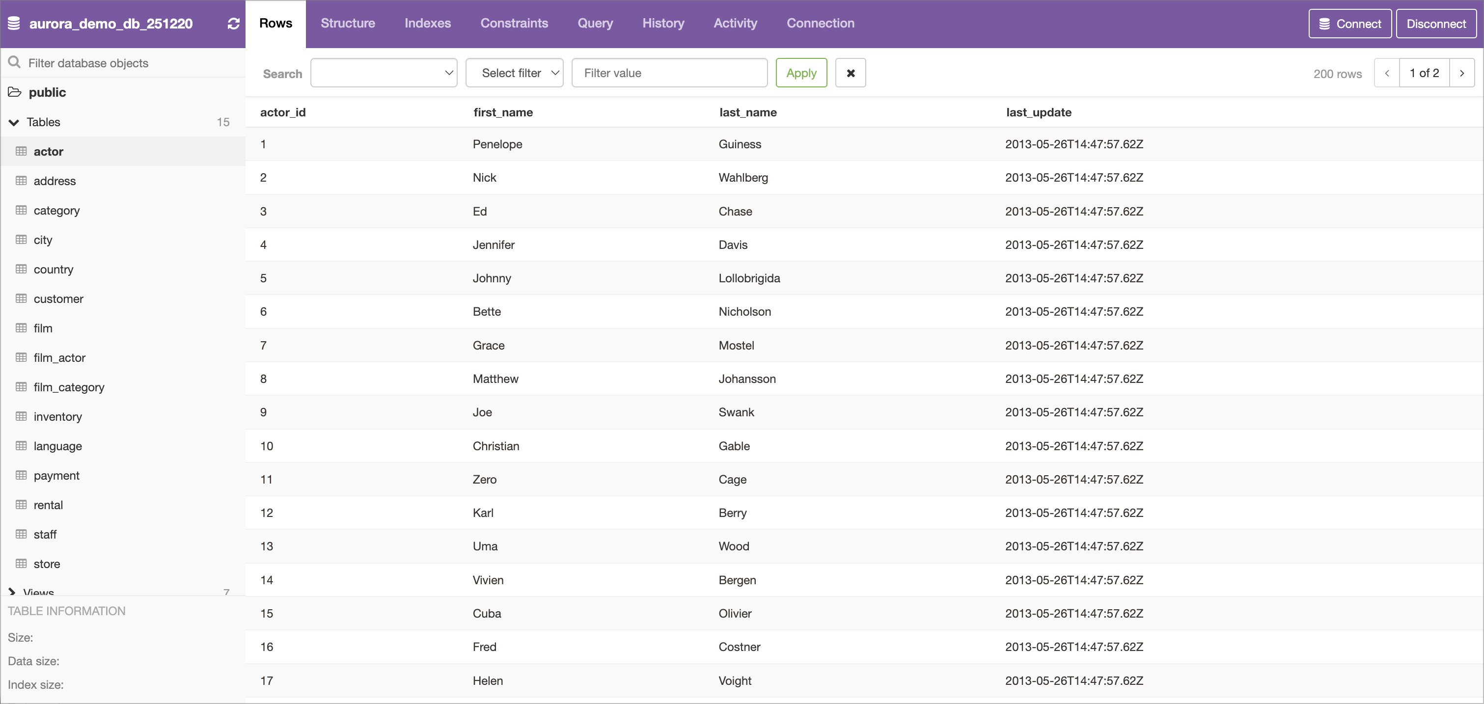 pgweb application showing the Rows view for a selected table.