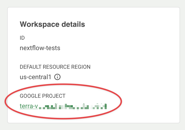 Screenshot of Workspace details panel, highlighting Google project ID.
