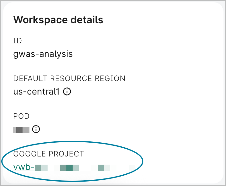 Screenshot of Workspace details panel, highlighting Google project ID.