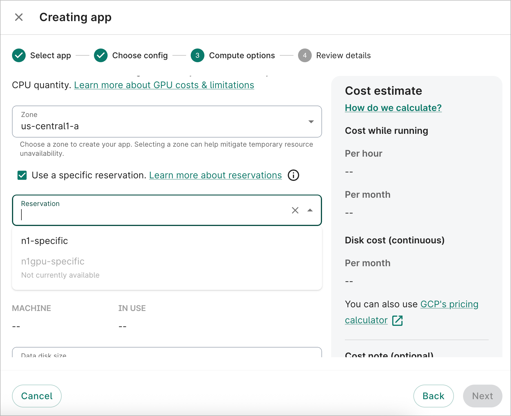 The Creating app dialog showing the
  Reservation dropdown with a list of available reservations.