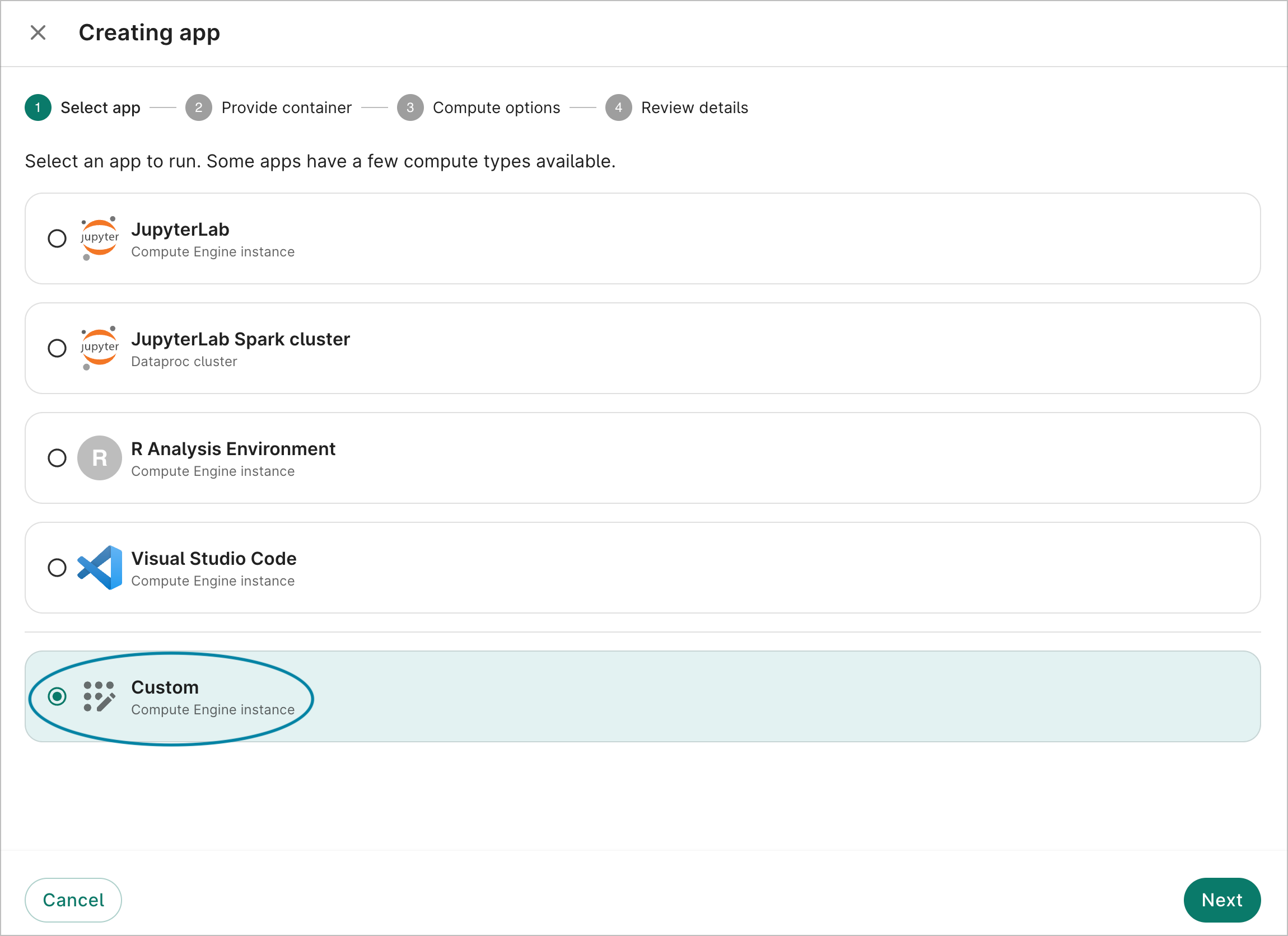 Screenshot of Select app dialog, the first step when creating a new app, with Custom option highlighted.