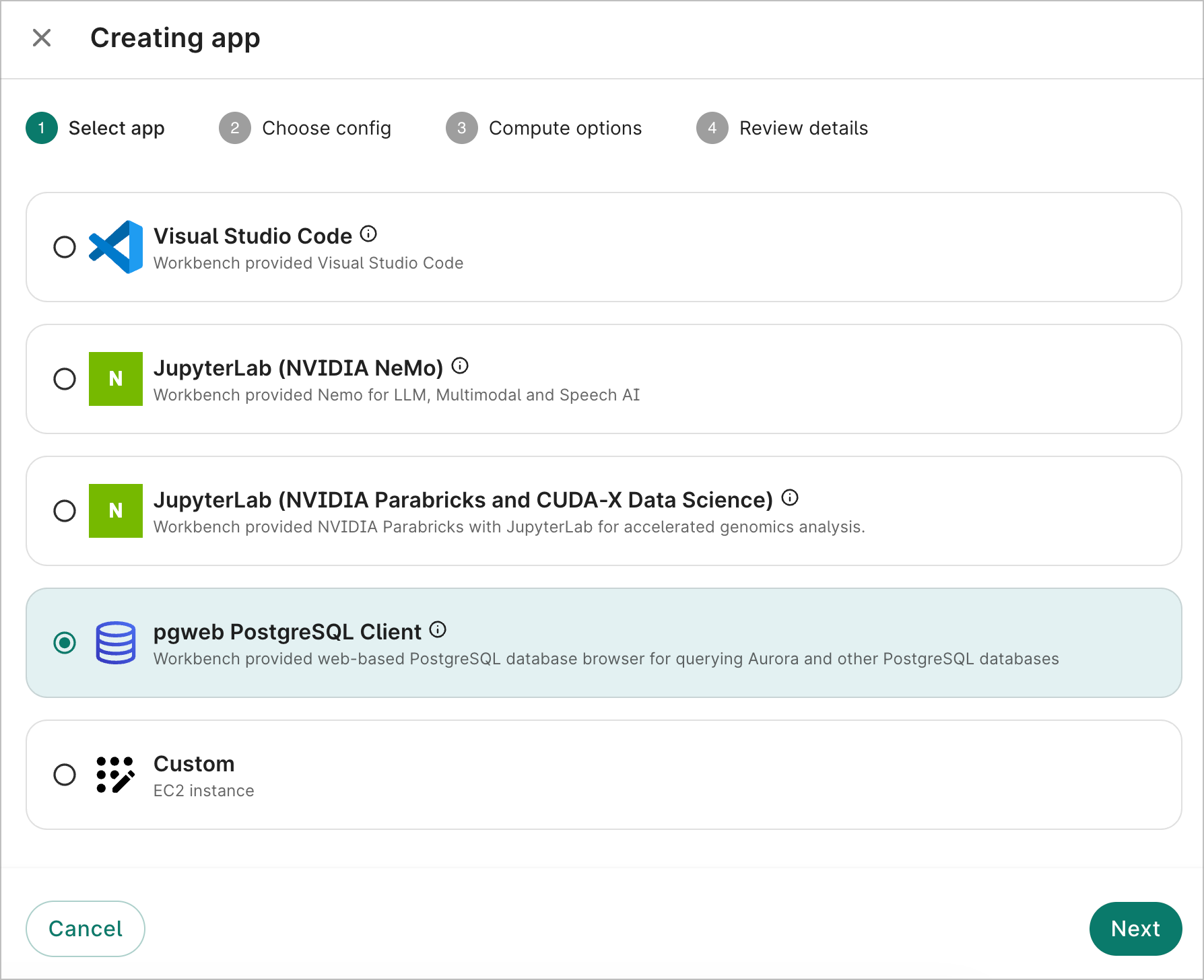 The Creating app dialog with the pgweb option selected.