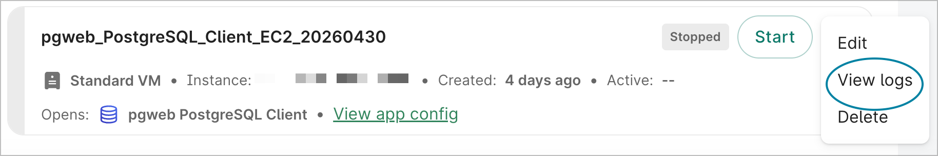 A cloud app card in the Workbench UI with the View logs option highlighted.