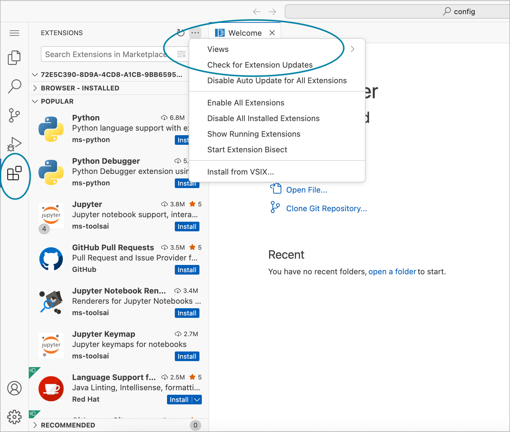 Extensions menu in Visual Studio Code expanded to show Check for Extension Updates option.