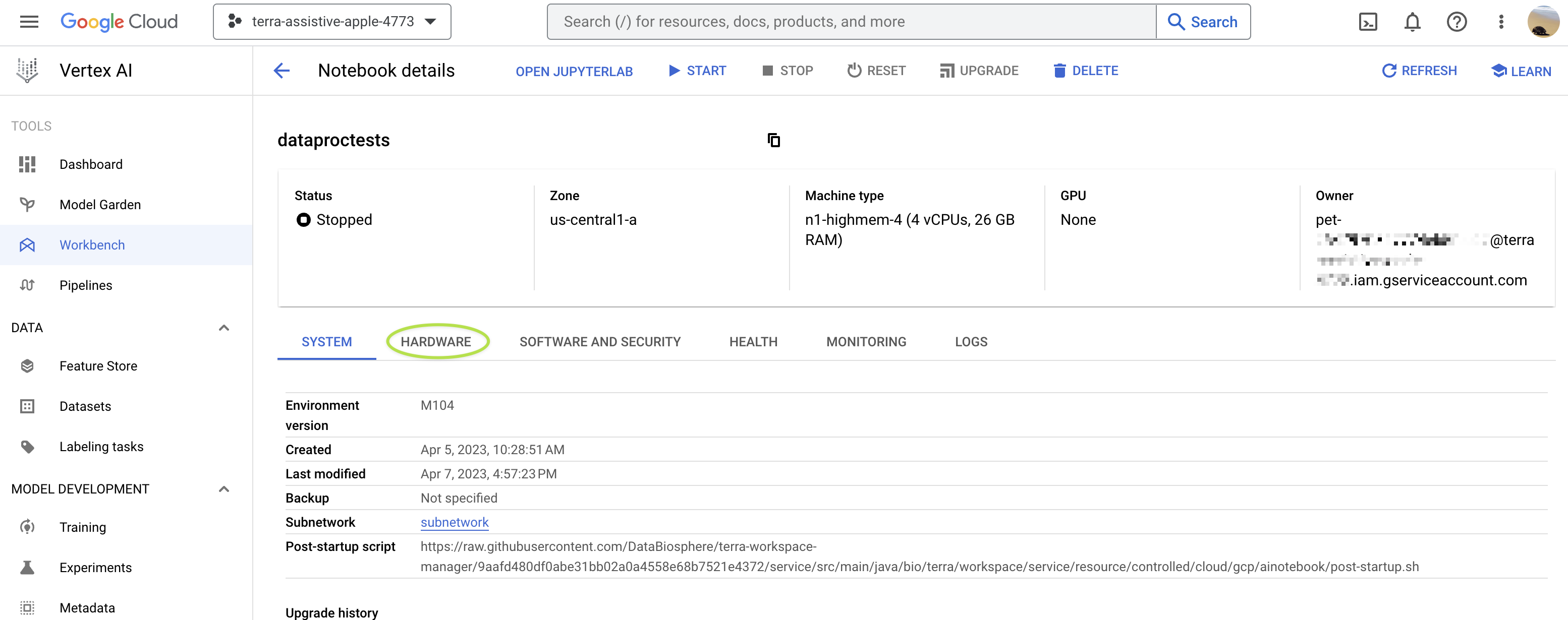 Screenshot of Google Cloud console showing a Workbench environment, with HARDWARE tab highlighted.