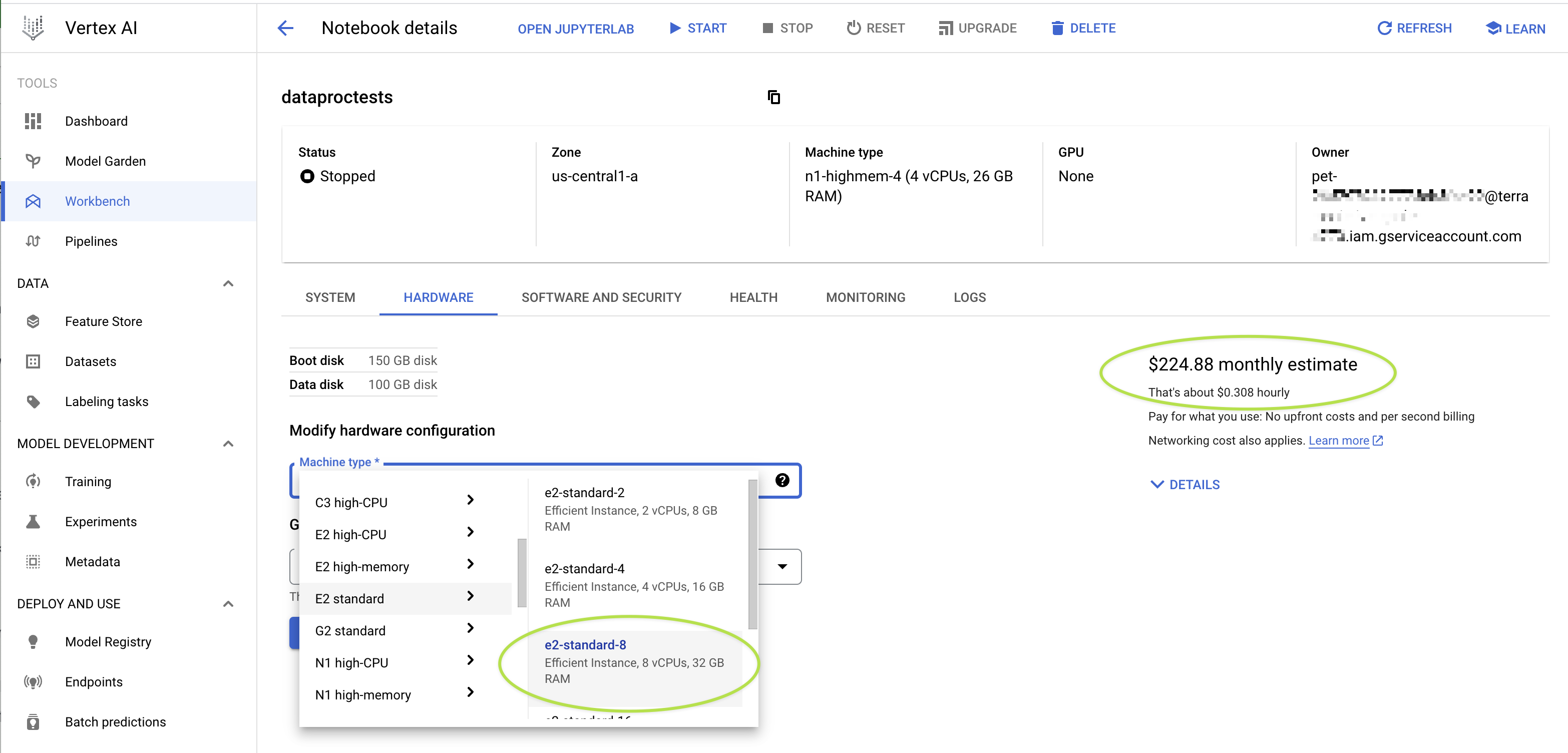 Screenshot of a Workbench cloud environment with its cost estimate highlighted in Google Cloud console.