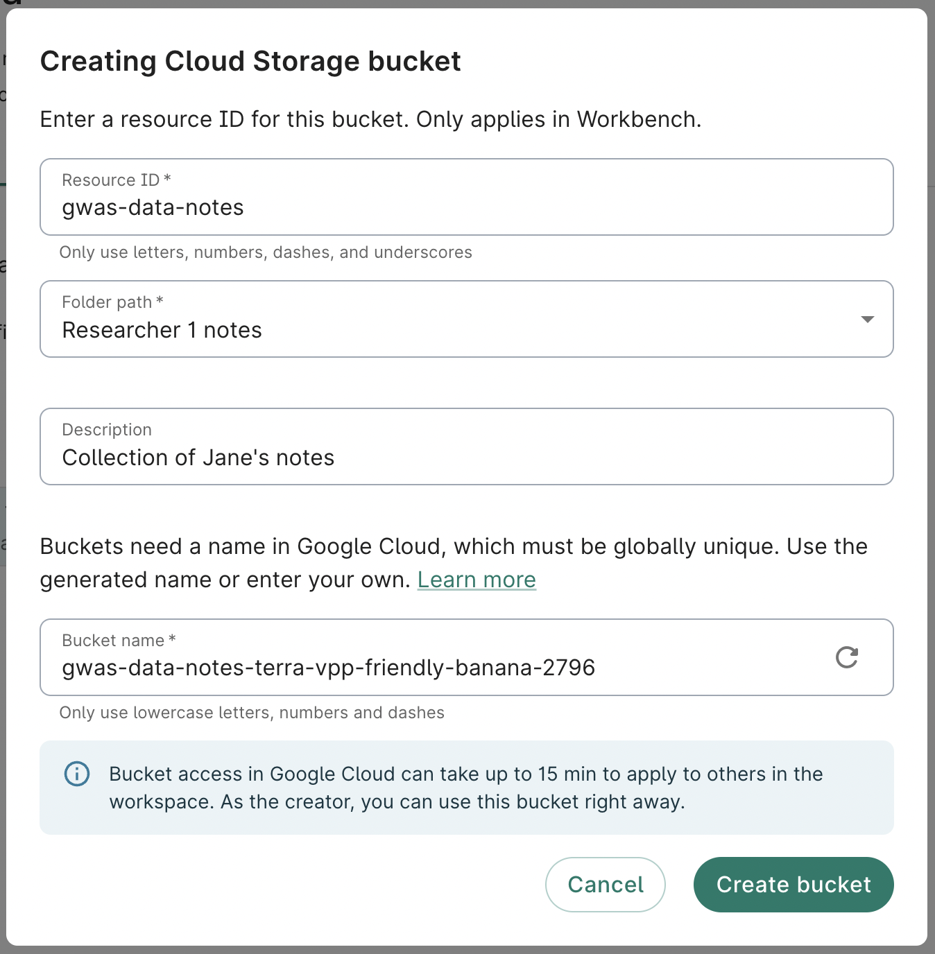 Screenshot of the Creating Cloud Storage bucket dialog.