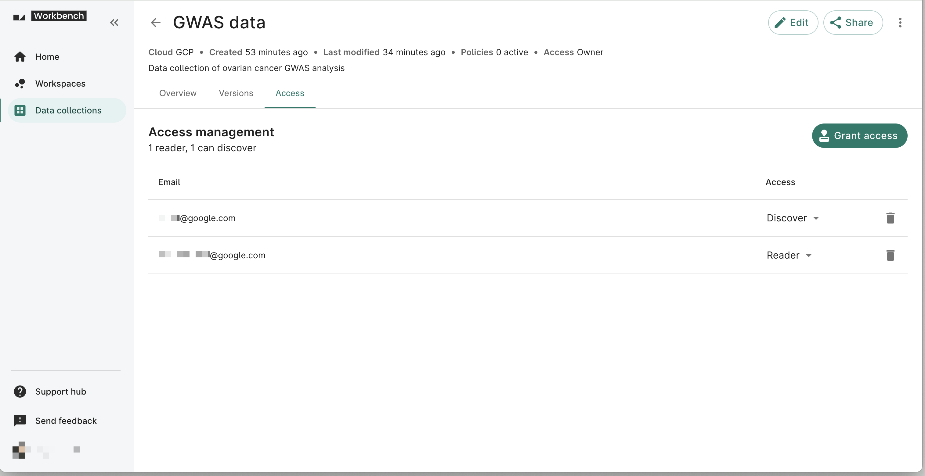 Screenshot of Access tab of a data collection showing two users listed with Discover and Reader access.